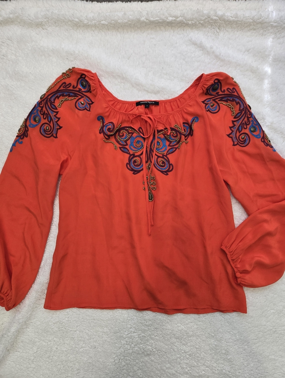 Nanette Lepore Silk Peasant Blouse Beaded Embroidered Red Tie Keyhole Size 4